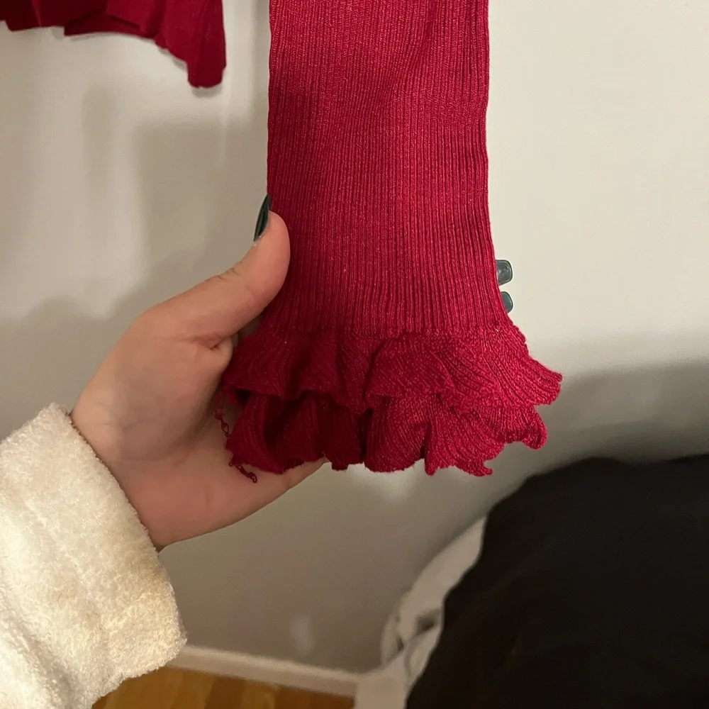 august silk Red Ribbed Ruffle Long Sleeve Top - Picture 2 of 7